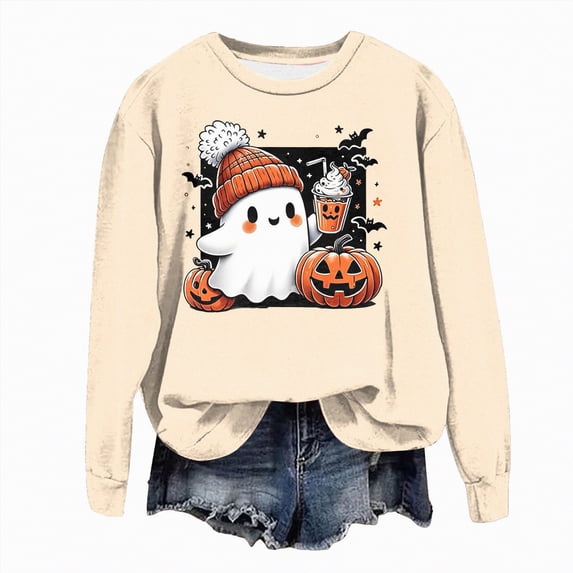 mgoYE Women Halloween Shirt Sweatshirts Halloween Ghost Sweatshirt Women - Halloween Graphic Crewneck Tops Casual Sweater(Beige,L)