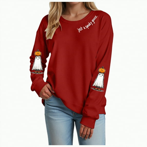 mgoYE Women Halloween Shirt Sweatshirts Halloween Ghost Sweatshirt Women - Halloween Graphic Crewneck Tops Casual Sweater(Red,L)