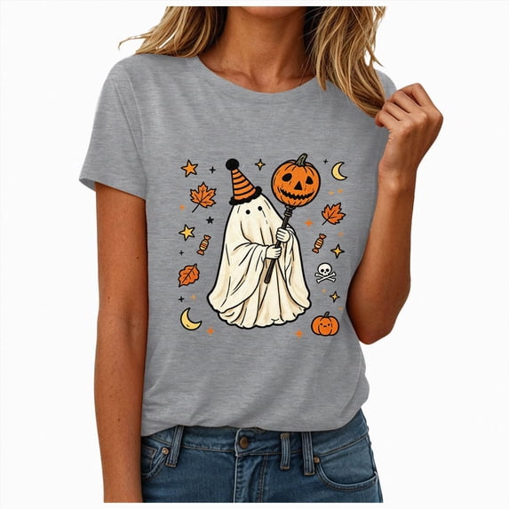 mgoYE Women Halloween Tshirts Funny Long Sleeve Halloween Thanksgiving Fall Pumpkin T-Shirts Graphic Tee Tops Tshirts Shirts for Women(Light Gray,M)