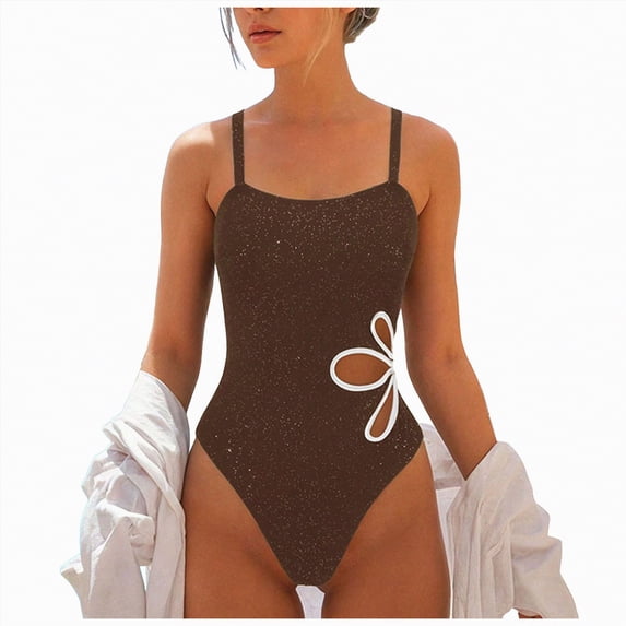 mgoYE Women One Piece Swimsuit Mesh Modest Tummy Control Cutout Bathing Suit Swimwear(Brown,L)