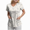 thumbnail image 1 of mgoYE Women Scrub Tops Printed Scrub Tops for Women Short Sleeve V-neck Stretch Holiday Scrub Shirt Floral Print Workwear with 2 Pockets(Beige,2XL), 1 of 5