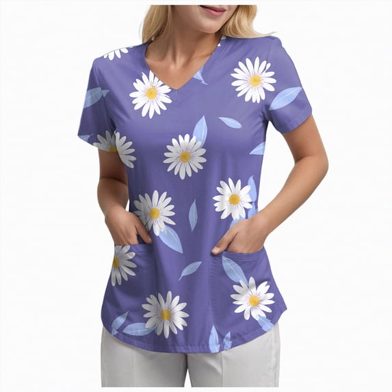 mgoYE Women Scrub Tops Stretchy Holiday Scrub Tops for Women Short Sleeve V-neck Stretchy Workwear Cute Printed 2 Pockets Scrub Shirt(Purple,L)