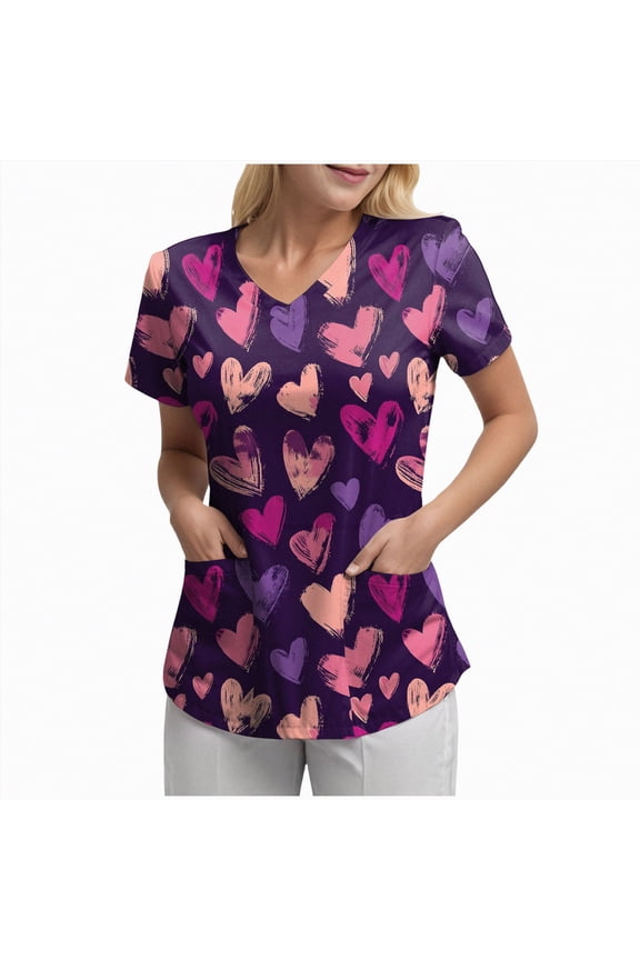 Women Scrub Tops Stretchy Scrub Tops for Women Short Sleeve V-neck Stretch Holiday Scrub Shirt Floral Print Workwear with 2 Pockets(Dark Purple,XL)