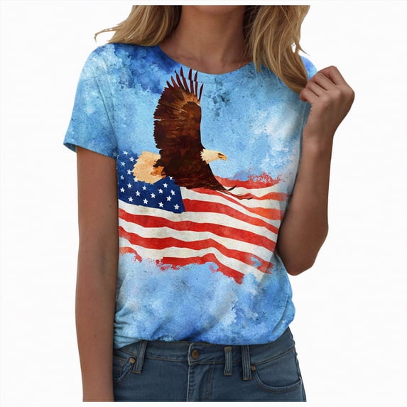 mgoYE Women Shirt 250th Anniversary Gifts American Flag Shirts Women 4th of July V-Neck Short Sleeve Patriotic T-Shirt Memorial Day Graphic Tee Independence Day Tops|Sky Blue L