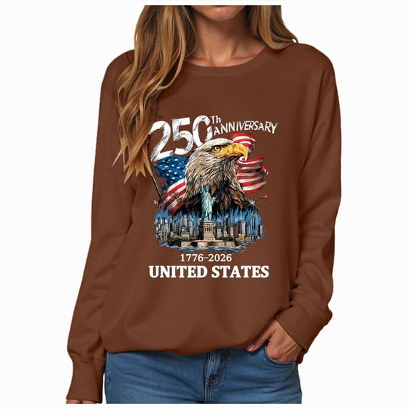 mgoYE Women Sweatshirt XL 250th Anniversary USA Sweatshirt Women Sweatshirt Graphic Tees Womens 250 Years of Freedom 1776 2026 American Flag 4 July Vintage O-Neck Sweatshirt|Brown M