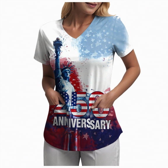 mgoYE Women Top 250th Anniversary USA Shirt Womens American Flag Shirt 4th of July T-Shirt Patriotic Short Sleeve Tee USA Flag Stripe Star Summer Blouse Tops|Sky Blue S