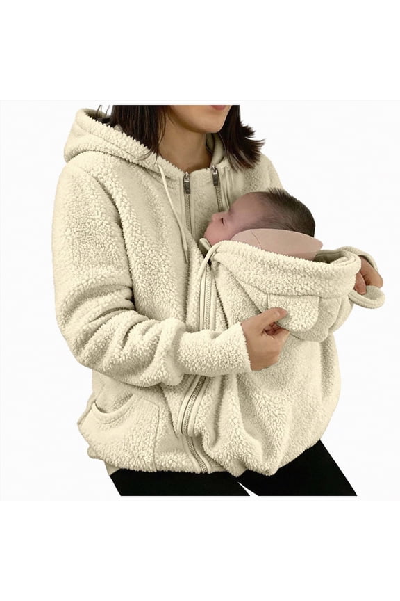Women Zip Up 2 in 1 Ba‘by Wearing Jacket Maternity Winter Coat Thicken Kangaroo Sweatshirt(Beige,2XL)