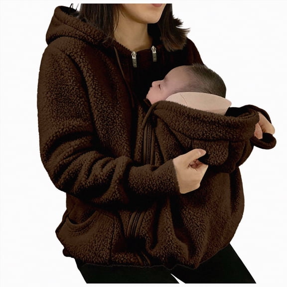 mgoYE Women Zip Up 2 in 1 Ba‘by Wearing Jacket Maternity Winter Coat Thicken Kangaroo Sweatshirt(Coffee,XL)