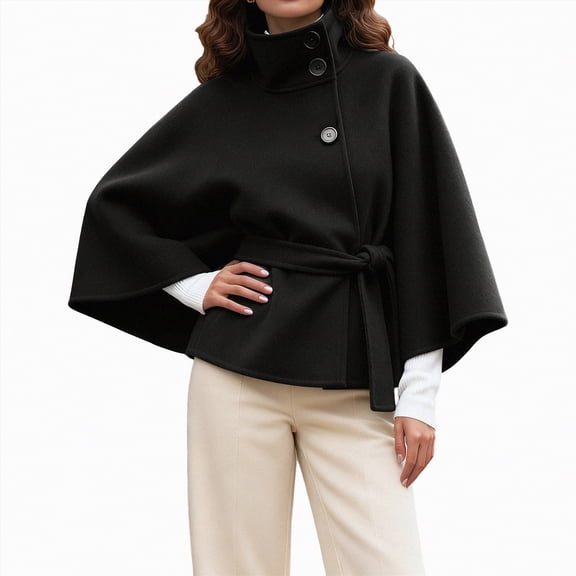 mgoYE Women's Batwing Sleeve Poncho Coat Oversized Winter Pea Coat Stand Collar Cropped Cape Jacket with Belt(Black,2XL)