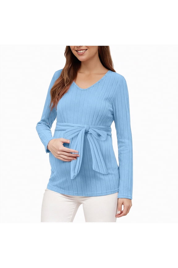 Women's Button Detail Crew Neck Maternity Nursing Sweater Long Sleeve Pullover Tops(Blue,L)