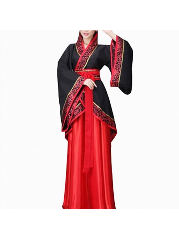 Women's Chinese Traditional Princess Hanfu Dress Pleated Stage Performance Wear|Black S