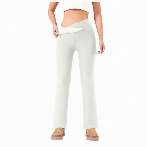 mgoYE Women's Flare Leggings with Pockets-Crossover High Waisted Bootcut Yoga Pants-Tummy Control Bell Bottom Leggings(White,L)