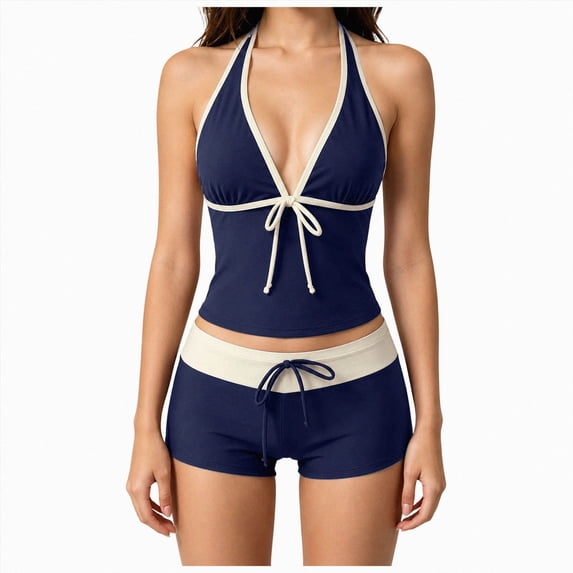mgoYE Women's Floral Tankini Swimsuits Halter Neck Tummy Control Tankini Set Striped Two Piece Bathing Suit Womens Bathing Suits Size L