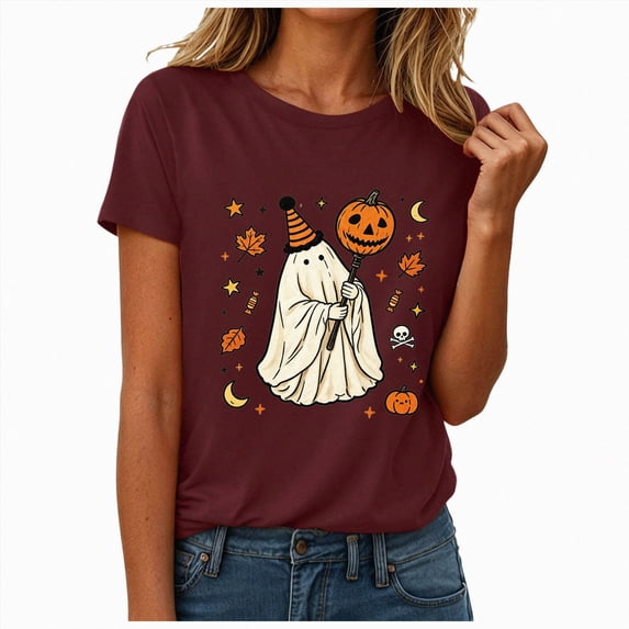 mgoYE Women's Halloween Shirt Thanksgiving Graphic Short Sleeve Tee Autumn Holiday Family Matching Tops T Shirts for Women(Wine,XL)