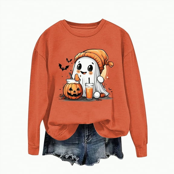 mgoYE Women's Halloween Shirts Boos Funny Ghost Graphic Tee Tops(Orange,M)