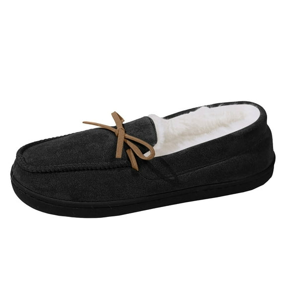 mgoYE Women's House Slippers Indoor Outdoor Moccasin Fuzzy Fluffy Furry Loafers Suede Warm Shoes|Black 8.5