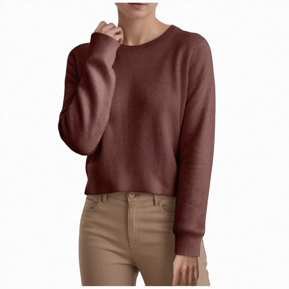 mgoYE Women’s Long Sleeve Sweaters Cropped Crew Neck Business Casual Light Weight Sweater Tops Fall Fashion Clothes(Coffee,XL)