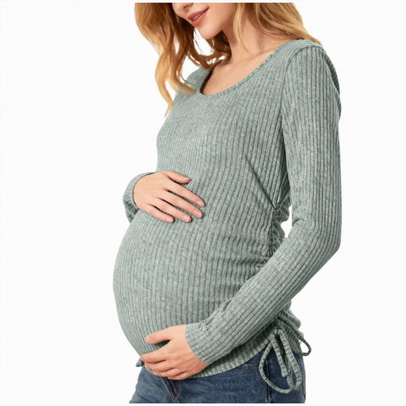 mgoYE Women's Maternity Shirts, Ribbed Long Sleeve Pregnancy Sweaters Crew Neck Slit Side Knit Pregnant Tunic Tee Top(Green,S)