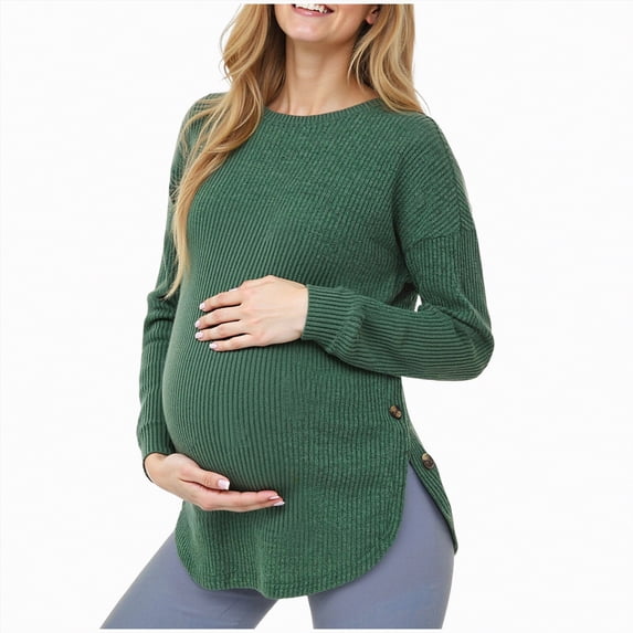 mgoYE Women's Maternity Shirts, Ribbed Long Sleeve Pregnancy Sweaters Crew Neck Slit Side Knit Pregnant Tunic Tee Top(Green,XL)