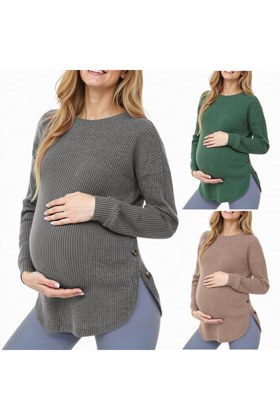 Women's Maternity Shirts, Ribbed Long Sleeve Pregnancy Sweaters Crew Neck Slit Side Knit Pregnant Tunic Tee Top(Grey,M)