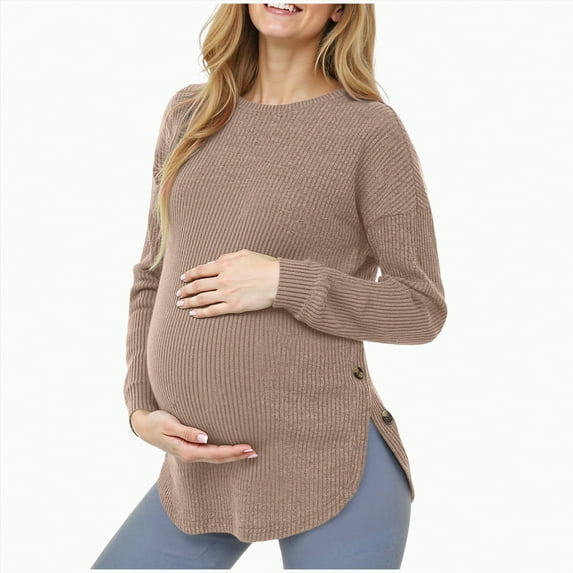 mgoYE Women's Maternity Shirts, Ribbed Long Sleeve Pregnancy Sweaters Crew Neck Slit Side Knit Pregnant Tunic Tee Top(Khaki,XL)