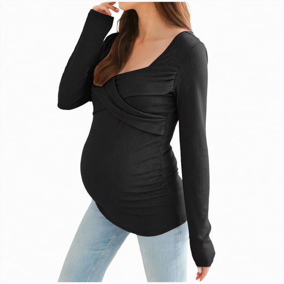 mgoYE Women's Maternity Shirts Ribbed Long Sleeve Pregnancy Tops V Neck Knit Side Ruched Pregnant Clothes Sweater(Black,S)