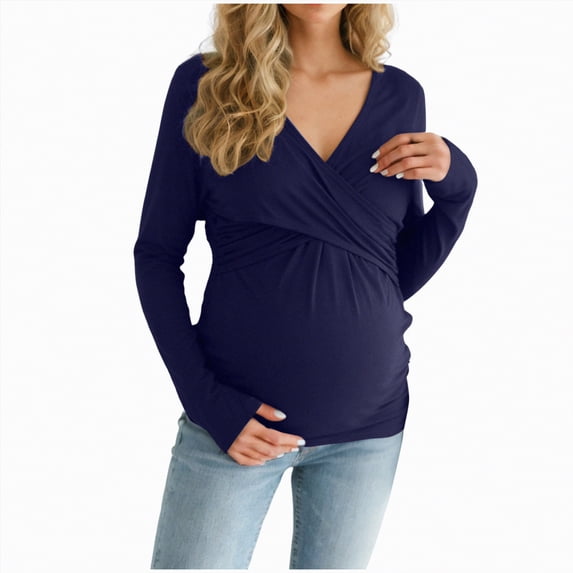 mgoYE Women's Maternity Shirts Ribbed Long Sleeve Pregnancy Tops V Neck Knit Side Ruched Pregnant Clothes Sweater(Blue,2XL)