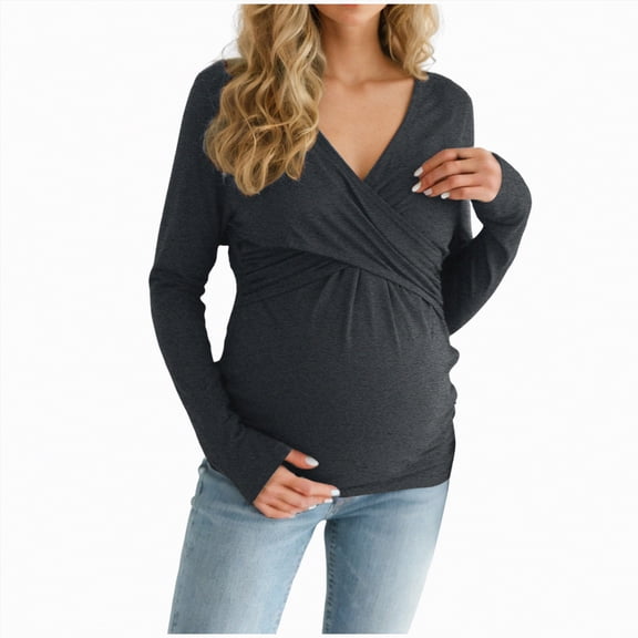 mgoYE Women's Maternity Shirts Ribbed Long Sleeve Pregnancy Tops V Neck Knit Side Ruched Pregnant Clothes Sweater(Grey,2XL)