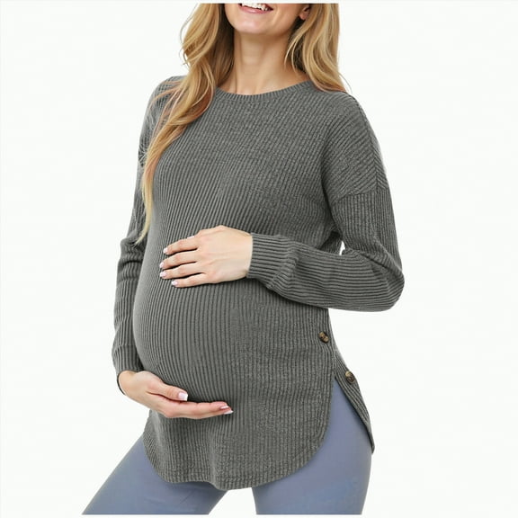 mgoYE Women's Maternity Shirts Ribbed Long Sleeve Pregnancy Tops V Neck Knit Side Ruched Pregnant Clothes Sweater(Grey,2XL)