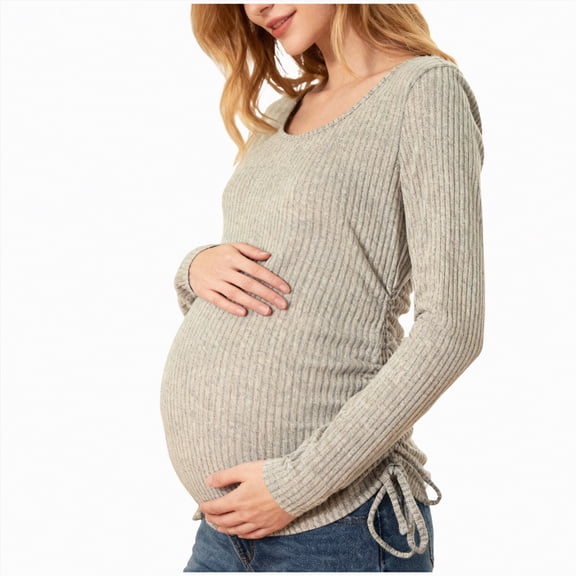 mgoYE Women's Maternity Shirts Ribbed Long Sleeve Pregnancy Tops V Neck Knit Side Ruched Pregnant Clothes Sweater(Khaki,L)