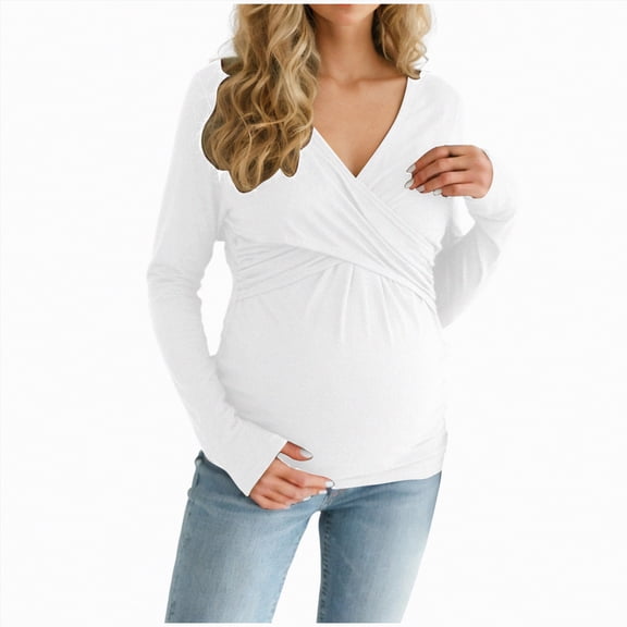 mgoYE Women's Maternity Shirts Ribbed Long Sleeve Pregnancy Tops V Neck Knit Side Ruched Pregnant Clothes Sweater(White,2XL)