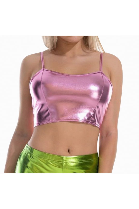 Women's Metallic Crop Top Shiny Sleeveless Rave Bra Tops for Dancing Festival(Pink,M)