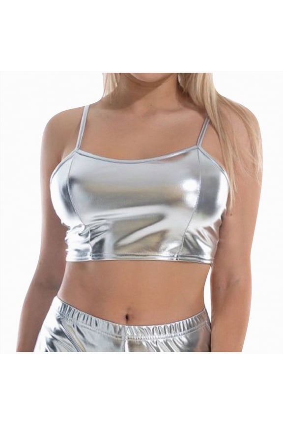 Women's Metallic Crop Top Shiny Sleeveless Tube Bra for Dancing, Raves, Festivals,(Silver,2XL)