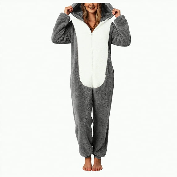 mgoYE Women's Onesies Pajamas Sherpa One Piece Romper Zipper Cute Hooded Jumpsuit Pajama Loungewear(Grey,4XL)