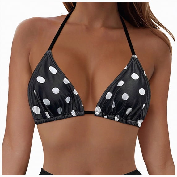 mgoYE Women's Polka Dots Triangle Bikini Top Halter String Bathing Suit Swimsuit Tops(Black,L)