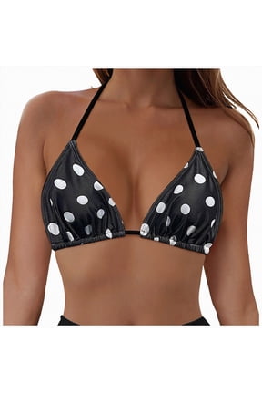 Women's Polka Dots Triangle Bikini Top Halter String Bathing Suit Swimsuit Tops(Black,S)