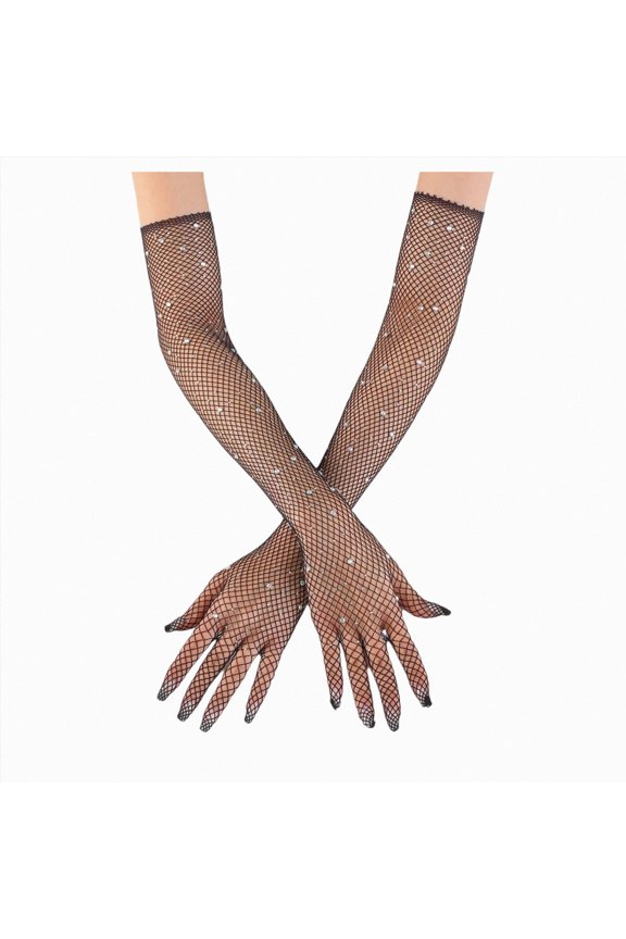Women's Rhinestone Fishnet Gloves Long Mesh Sparkly Opera Party Glitter Sheer Gloves for Halloween Accessory Size One Size