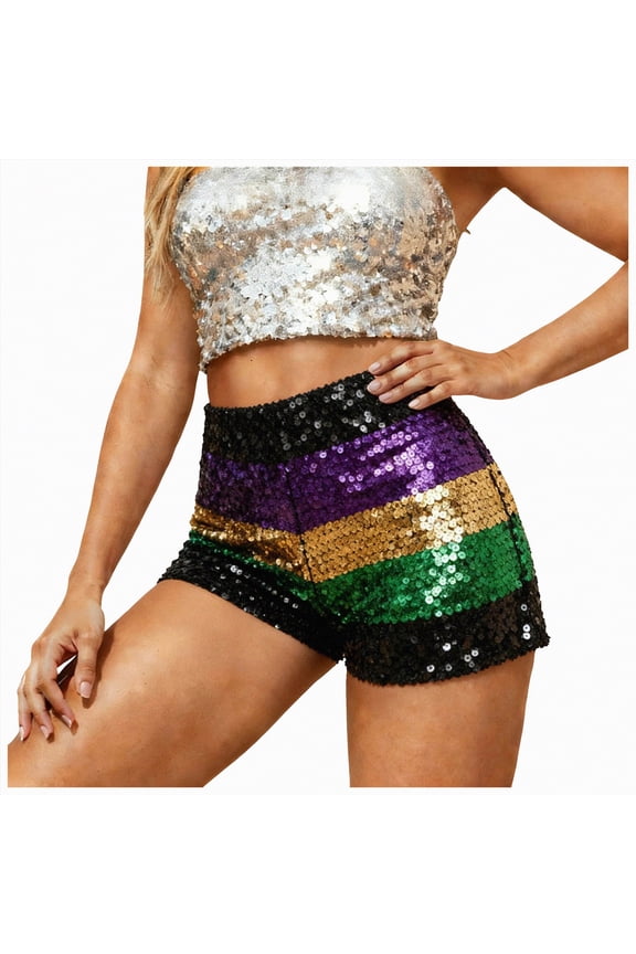 Women's Sparkly Sequin Shorts Elastic Waist Glitter Straight Leg Party Shorts(Dark Green,S)