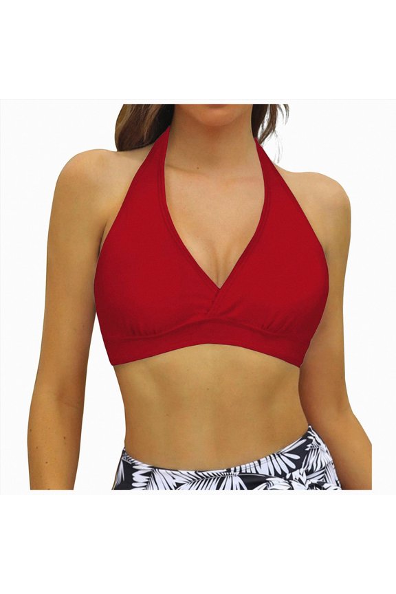 Women's Supportive Halter Bikini Padded Push Up Ruched Bust Hook Back Swimsuit Bathing Suit Tops Only(Red,M)