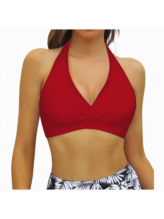 Women's Supportive Halter Bikini Padded Push Up Ruched Bust Hook Back Swimsuit Bathing Suit Tops Only(Red,M)
