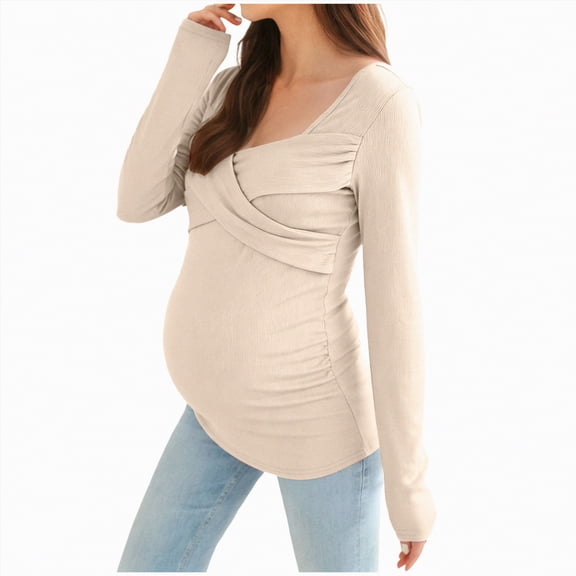 mgoYE Women's Sweaters Split Side Long Sleeve V Neck Fall Maternity Clothes Ribbed Knit Trendy Pullover Tops(Beige,L)