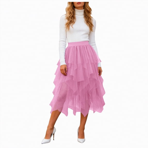 mgoYE Women's Tulle Tutu A-line Midi Skirt Tiered Layered High Elastic Waist Ballet Prom Party Irregular Mesh Skirt(Pink,S)