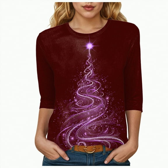 mgoYE Womens Christmas Shirts Women's Casual 3/4 Sleeve T-Shirts Round Neck Cute Tunic Tops Basic Tees Blouses Business Work Tee Top(Wine,2XL)