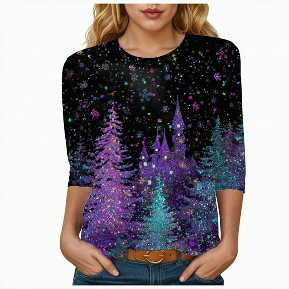 mgoYE Womens Christmas Tops Women's Casual Crew Neck Christmas Sweatshirt Loose Soft 3/4 Sleeve Pullover Tops(Dark Blue,XL)