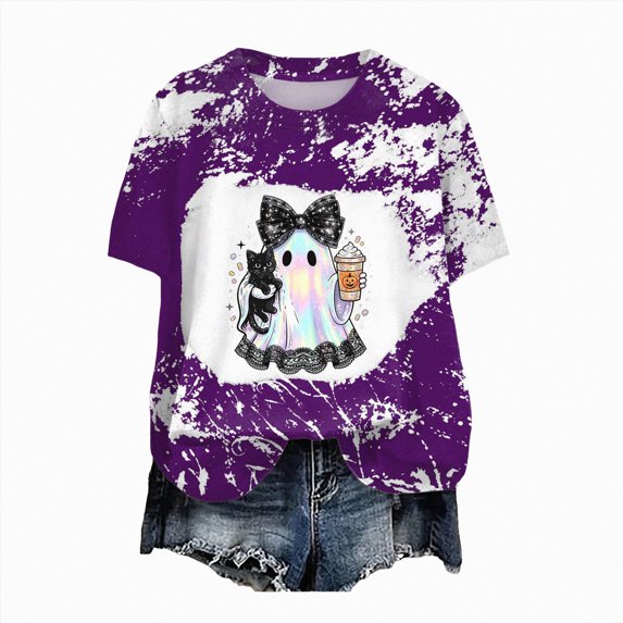 mgoYE Womens Halloween Tshirts Ghost Reading T-Shirt Spooky Season Halloween Graphic Tops Womens Tshirt L