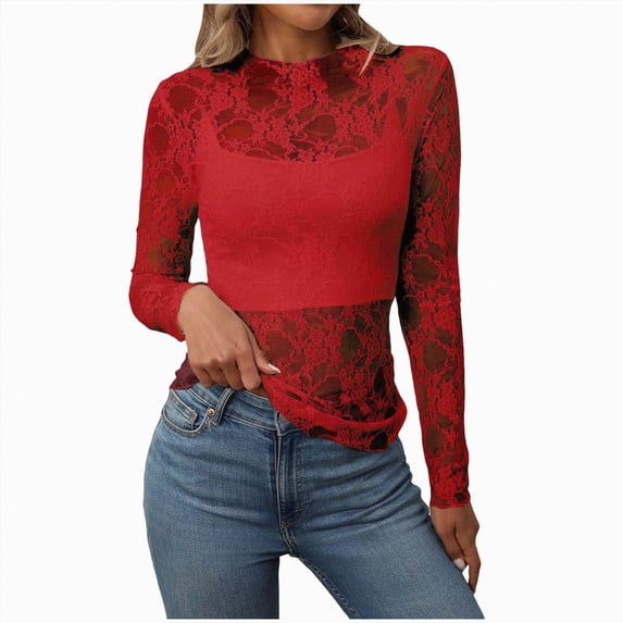mgoYE Womens Lace Tops Long Sleeve Floral Mesh Sheer Shirts Mock Neck Blouse Top(Red,S)