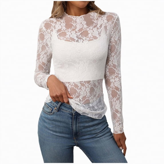 mgoYE Womens Mesh Long Sleeve Shirts Fashion Clothing Turtle Necks Sheer-Ruched Going Out Tops Fall Summer Outfits Slim Fit Blouses(White,L)