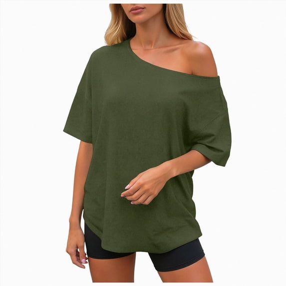 mgoYE Womens Tshirts Off the Shoulder Summer Casual Short Sleeve Crew Neck T Shirt Loose Fit Tee Tops T Shirts for Women(AG,3XL)