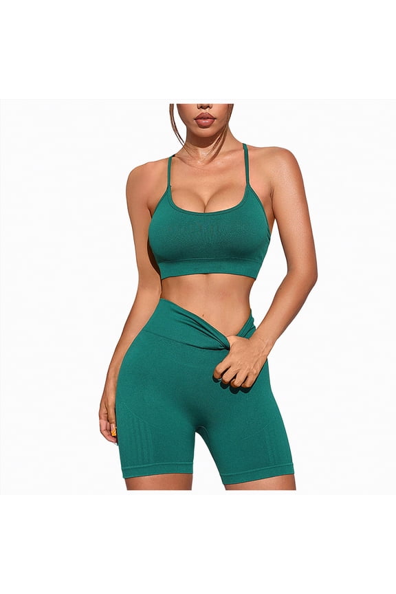 Womens Workout Sets Women 2 Piece Workout Sets U Back Color Block Sports Bra High Waist Tummy Control Active Shorts Yoga Pilates Outfits(Green,L)