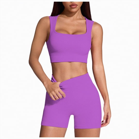 mgoYE Womens Workout Sets Women Workout Sets 2 Piece Outfits Tank Tops Tummy Control Shorts Yoga Gym Active Wear Clothing Set(Purple,L)